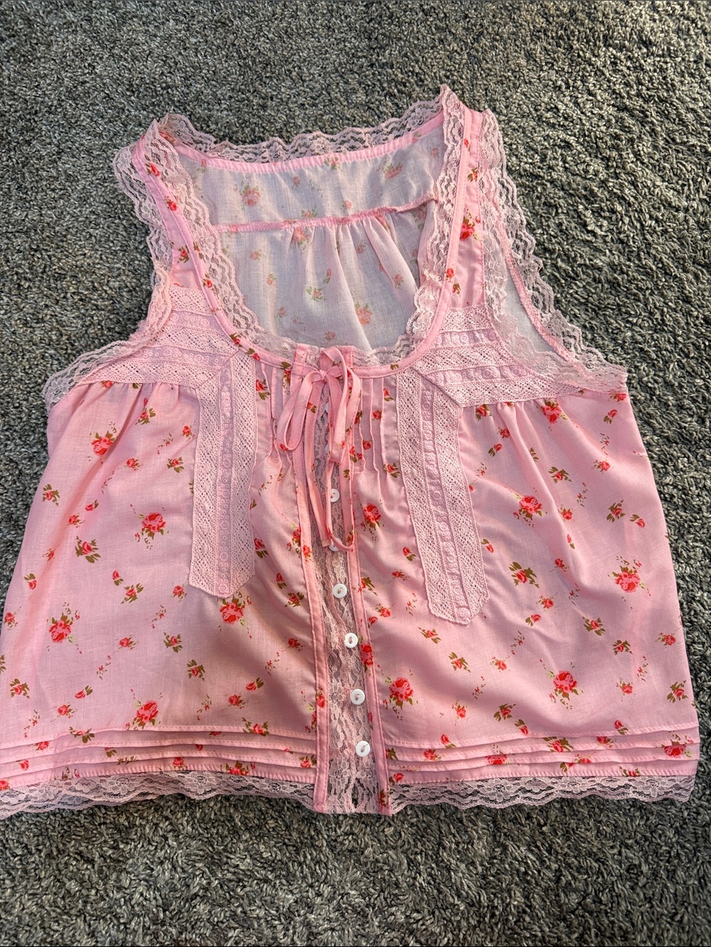 Pink Floral Lace-Trim Tank Top